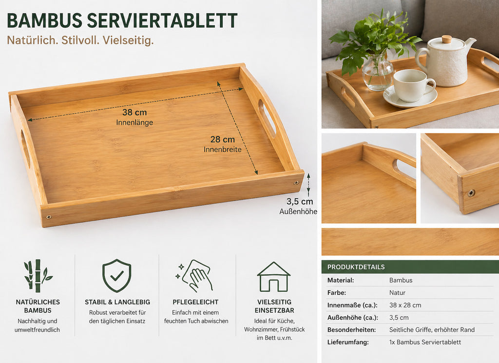 Bambus Serviertablett Set 2er – Groß & Klein Frühstückstablett Holz mit Griffen