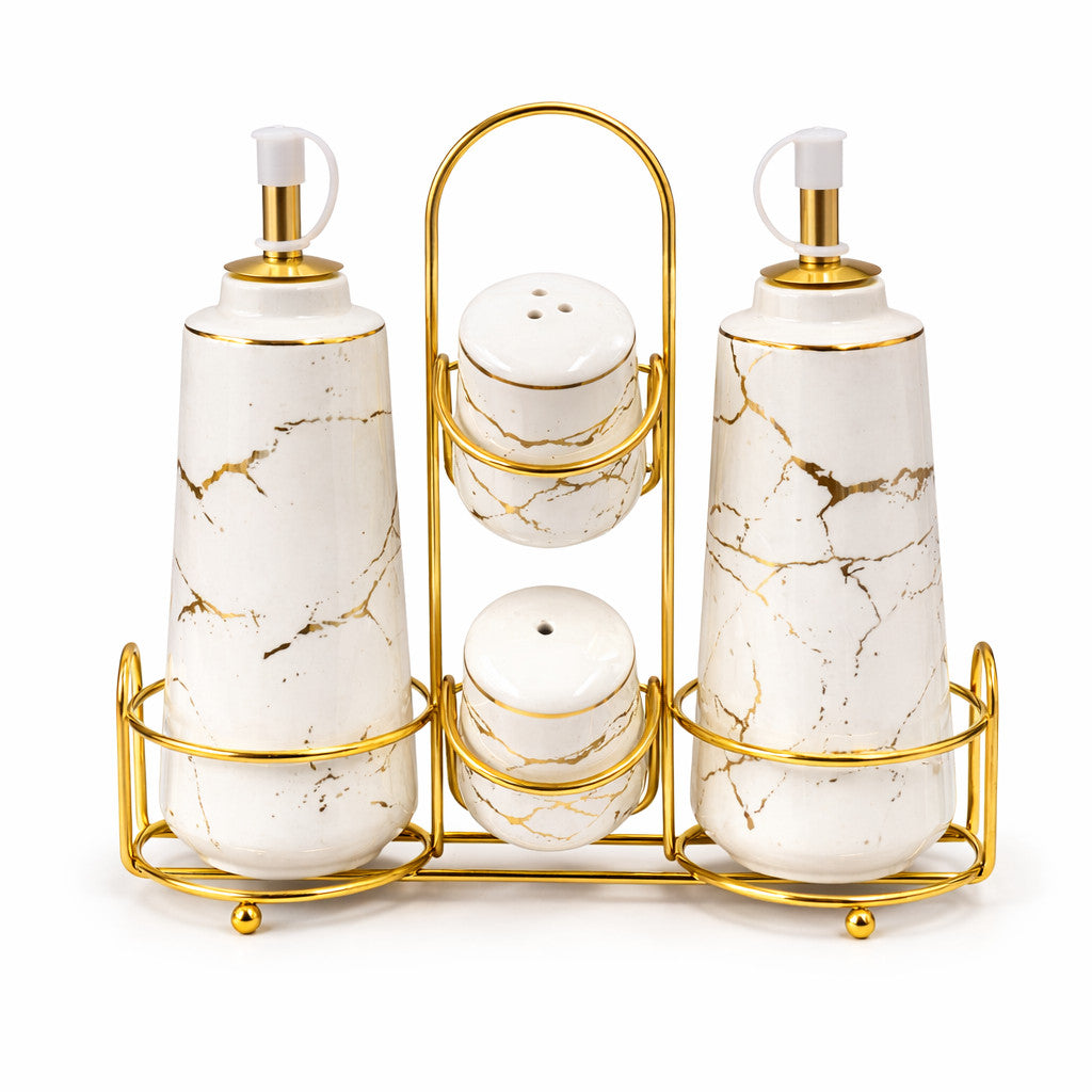 Öl & Essigspender Set - Marmor Design mit Salz & Pfeffer Streuer Ständer Set