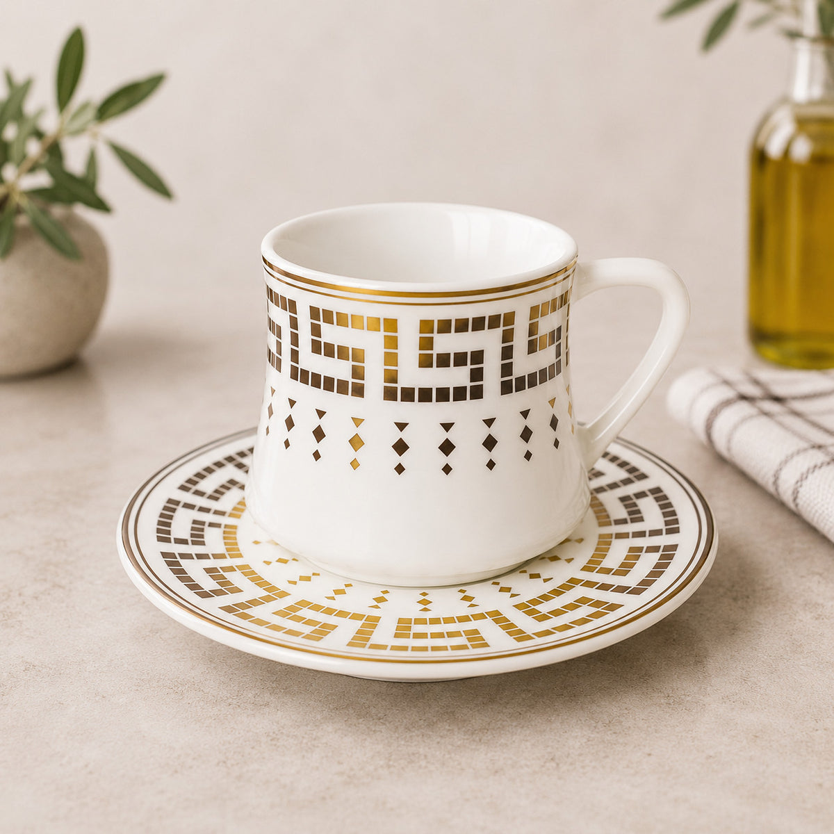 Kaffe Tassen Set 6er mit Untertassen Porzellan Türkische Kaffeeservice Gold Weiß