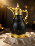 Luxus Thermoskanne Schwarz/Weiß Gold 1L – Arabische Kaffeekanne Isolierkanne