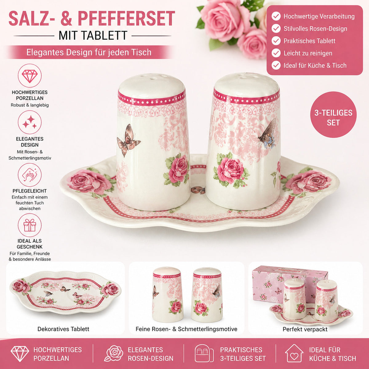Salz & Pfeffer Set+Tablett 3 tlg Porzellan Gewürzstreuer Set Küche Rosen Designs