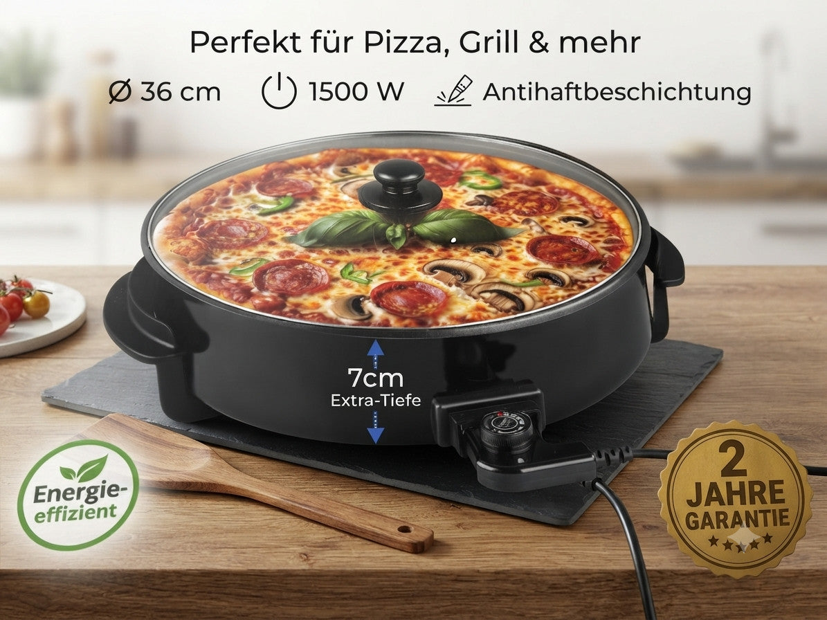Pizzapfanne Elektrisch 36 cm 1500 W Multipfanne mit 7 cm Extra-Tiefe Antihaft