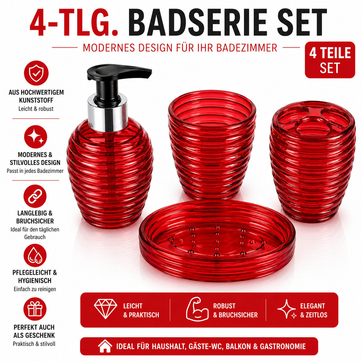 Badset 4 tlg Kunststoff Badezimmer Set Seifenspender Zahnputzbecher WC Zubehör