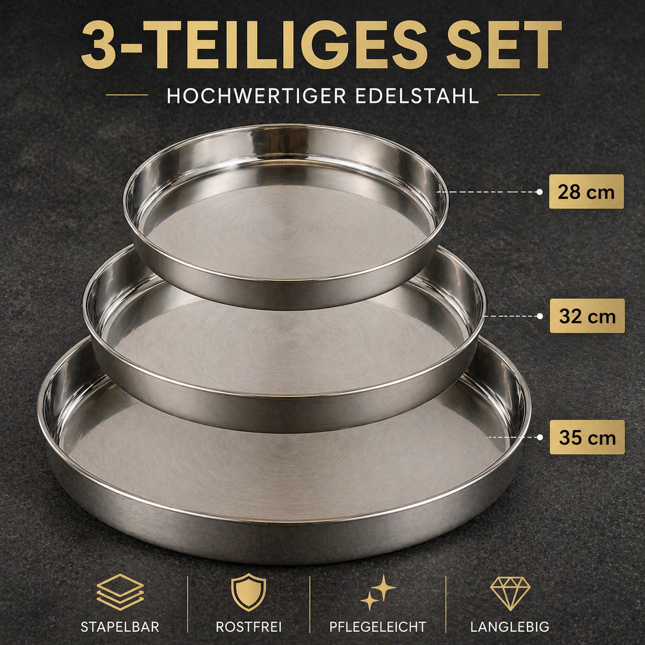 3er Edelstahl Serviertablett Set Ø 28/32/35 cm – Dampfgar Einsatz Stapelbar