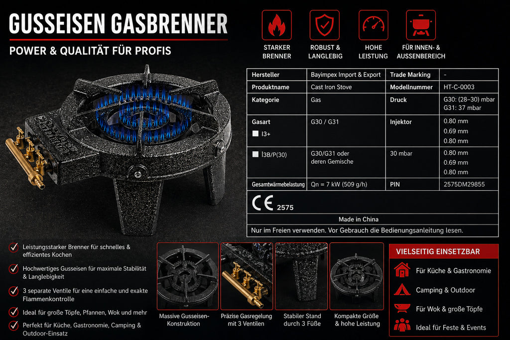 Gusseisen Gasbrenner 3-flammig Starkbrenner | Campingkocher Wokbrenner Gastro