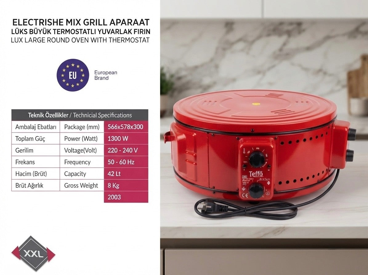 Ofen XXL Elektrischer Mix & Grill runder 42 Liter 1300W mit Thermostat Rot