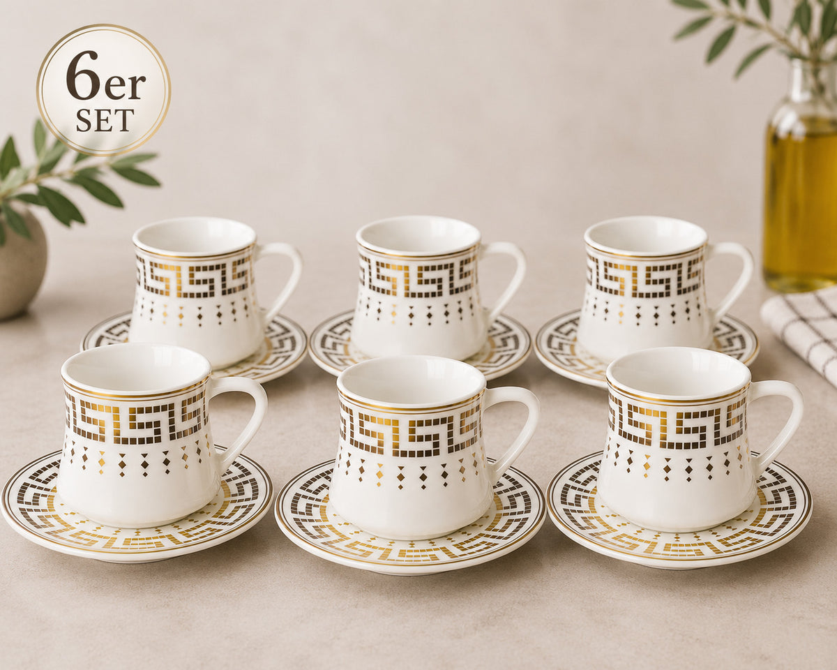 Kaffe Tassen Set 6er mit Untertassen Porzellan Türkische Kaffeeservice Gold Weiß