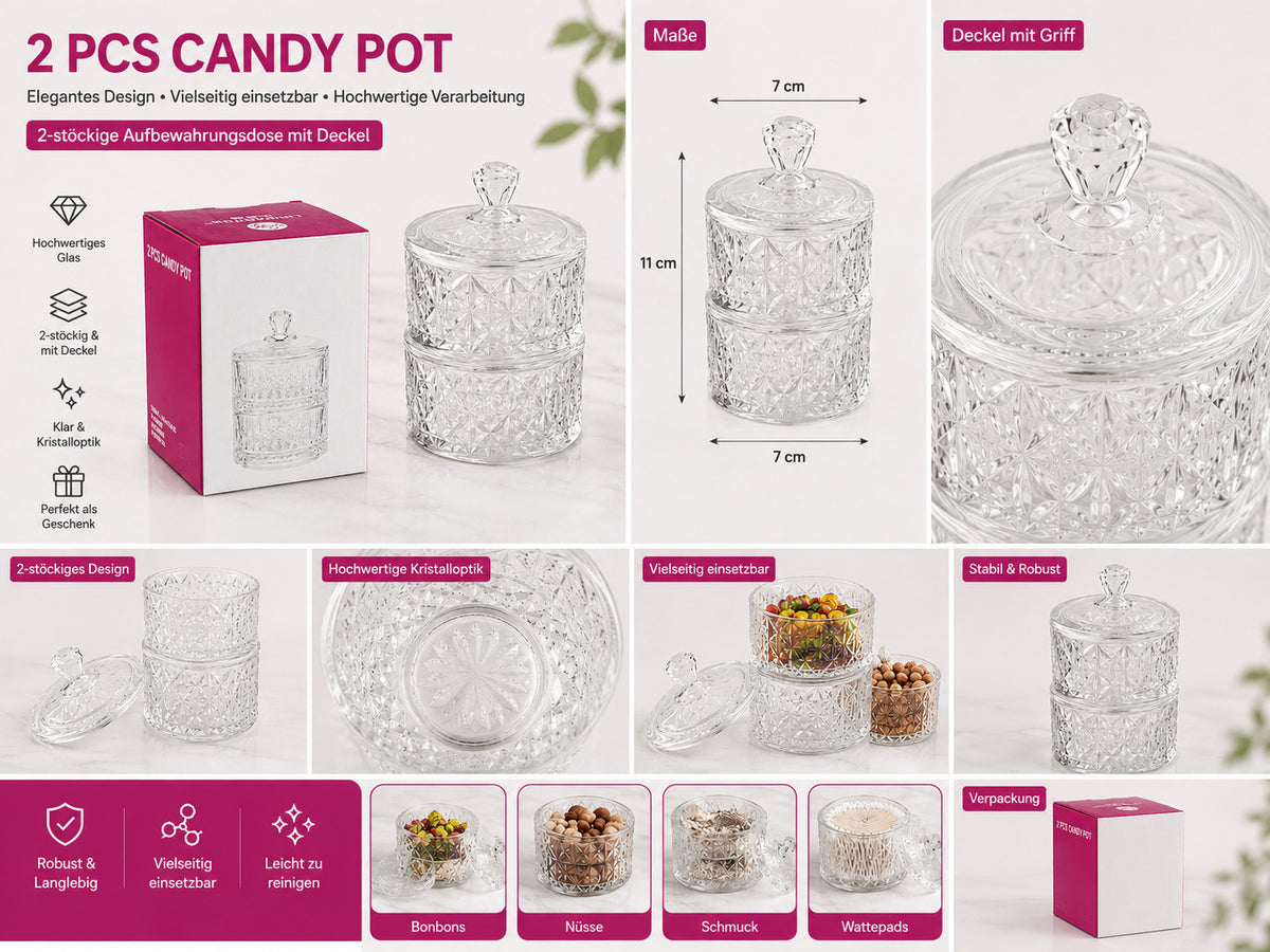 Glas Bonboniere 2-stöckig mit Deckel Candy Pot Vorratsdose Schmuckdose