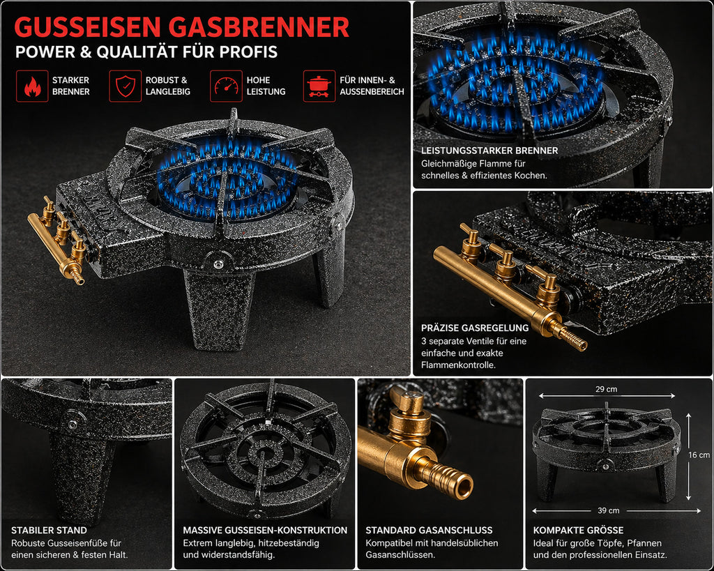 Gusseisen Gasbrenner 3-flammig Starkbrenner | Campingkocher Wokbrenner Gastro