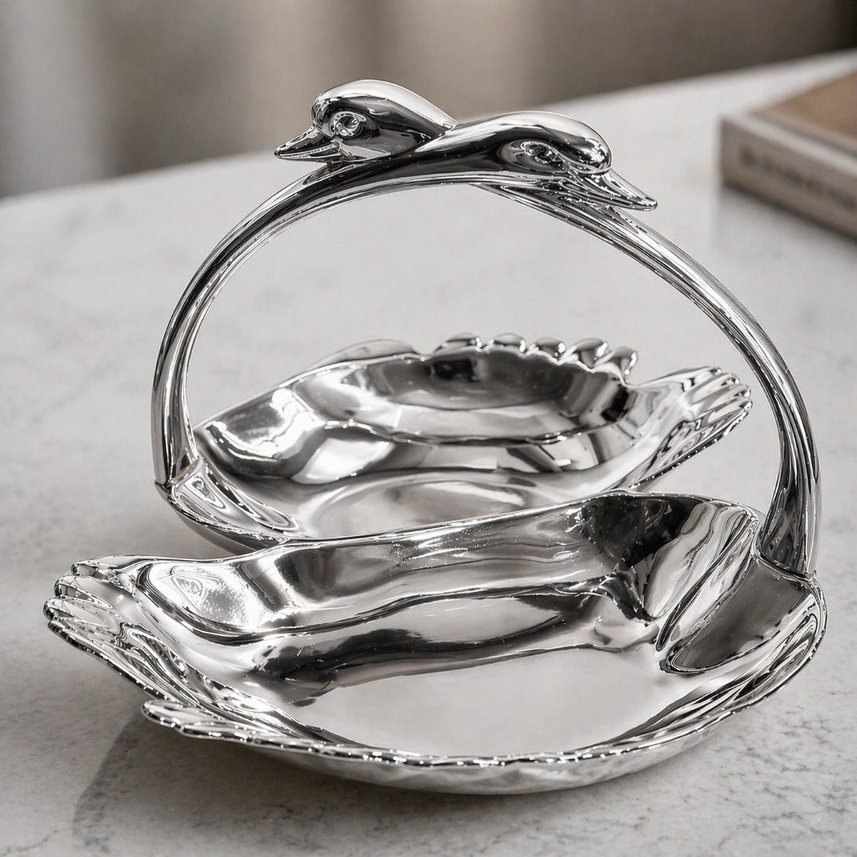 Servierschale mit Griff Gold/Silber Snackschale Süßigkeiten Schale Deko Schwan