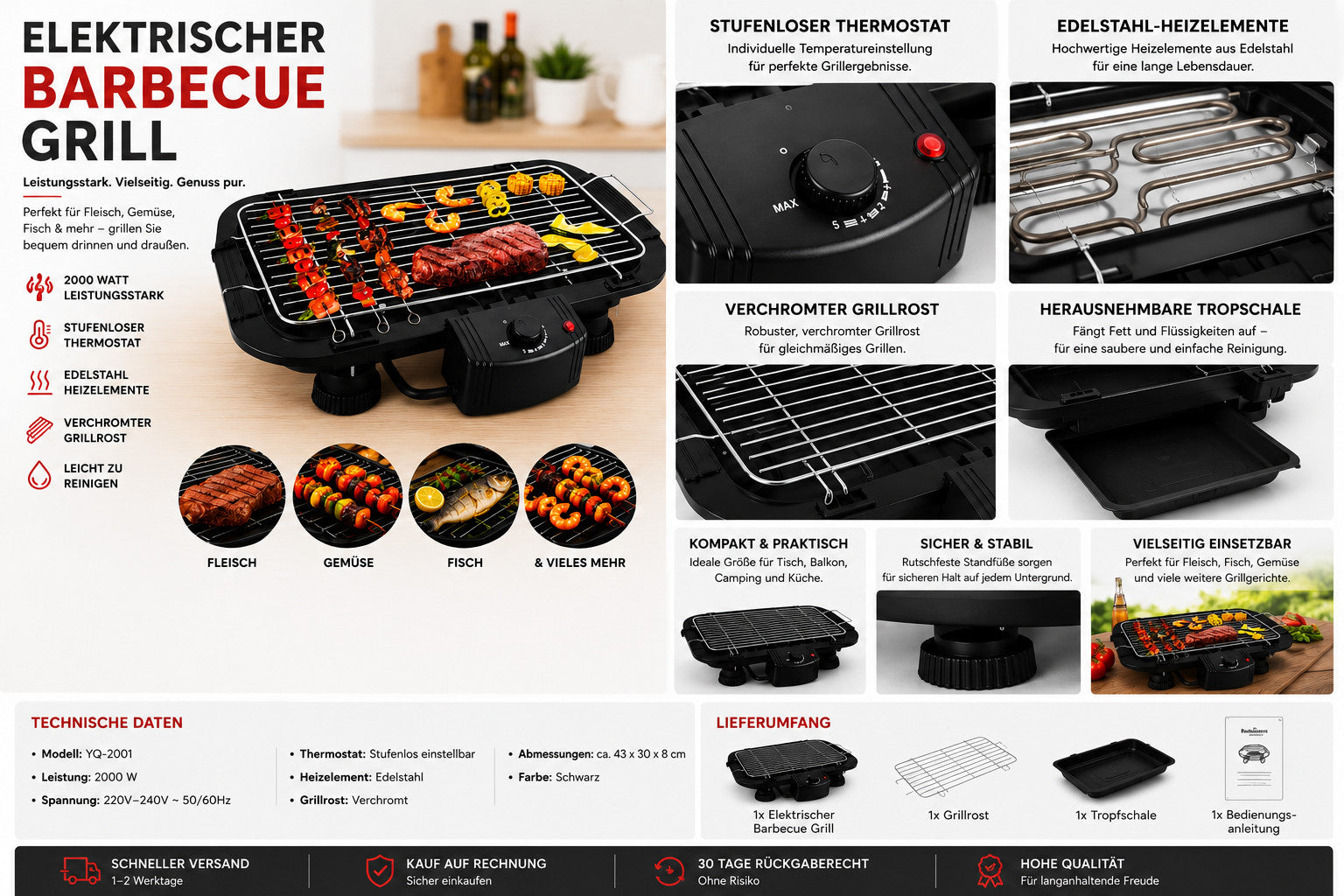 Elektrischer Barbecue Grill 2000W Thermostat Edelstahl-Heizelement Tischgrill