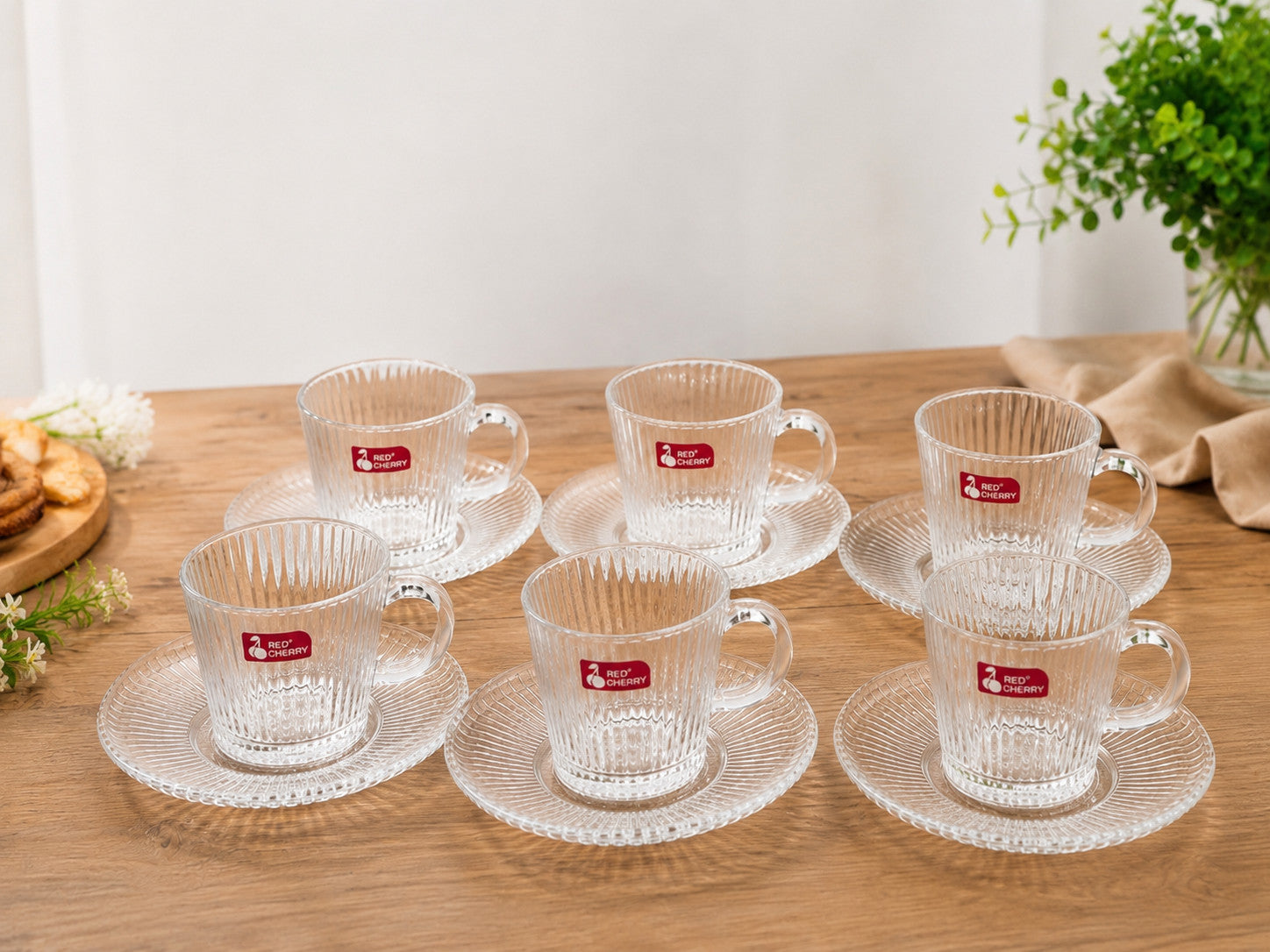 6er Glas Kaffeetassen-Set mit Untertassen Geriffeltes Design Kaffee- & Teegläser