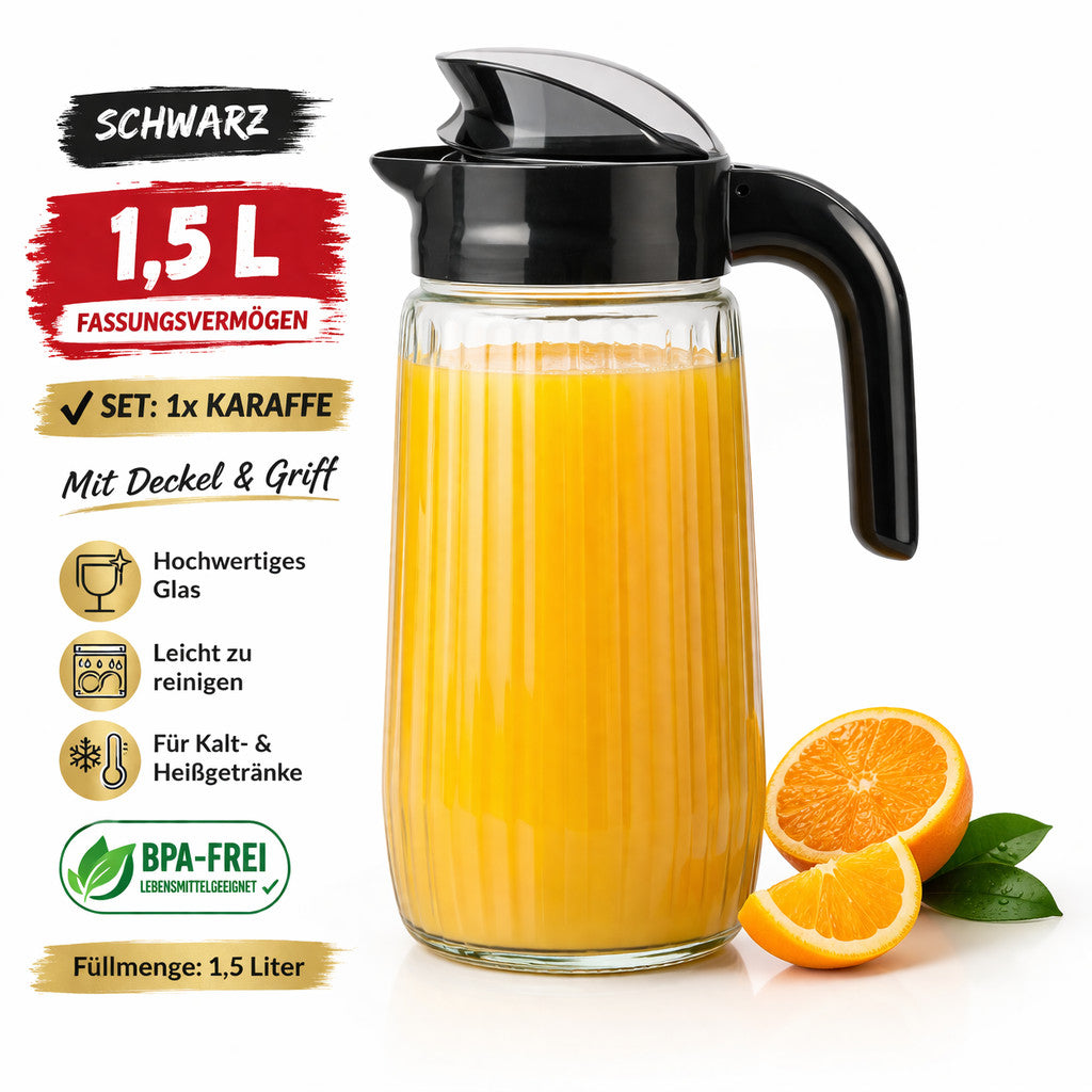 Glaskaraffe 1,5 L mit Deckel&Griff Schwarz/Weiß Wasserkanne Saftkanne Glas