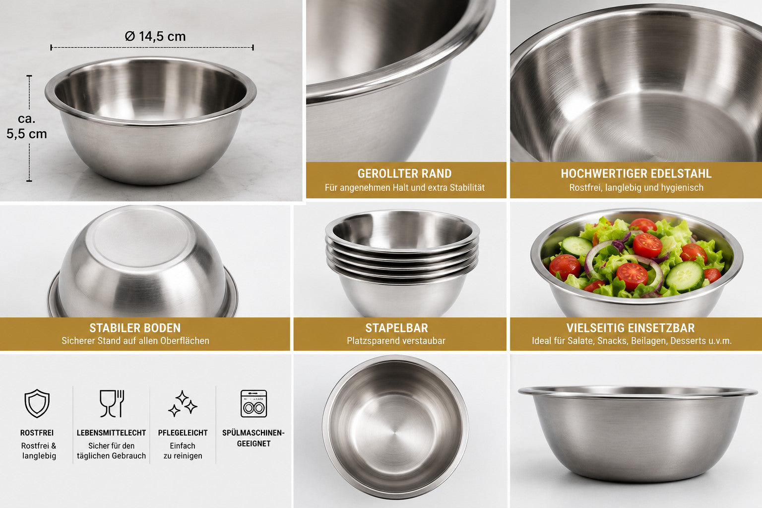 Edelstahlschüssel 14,5 cm Servierschüssel Salatschüssel Küchenschüssel Edelstahl