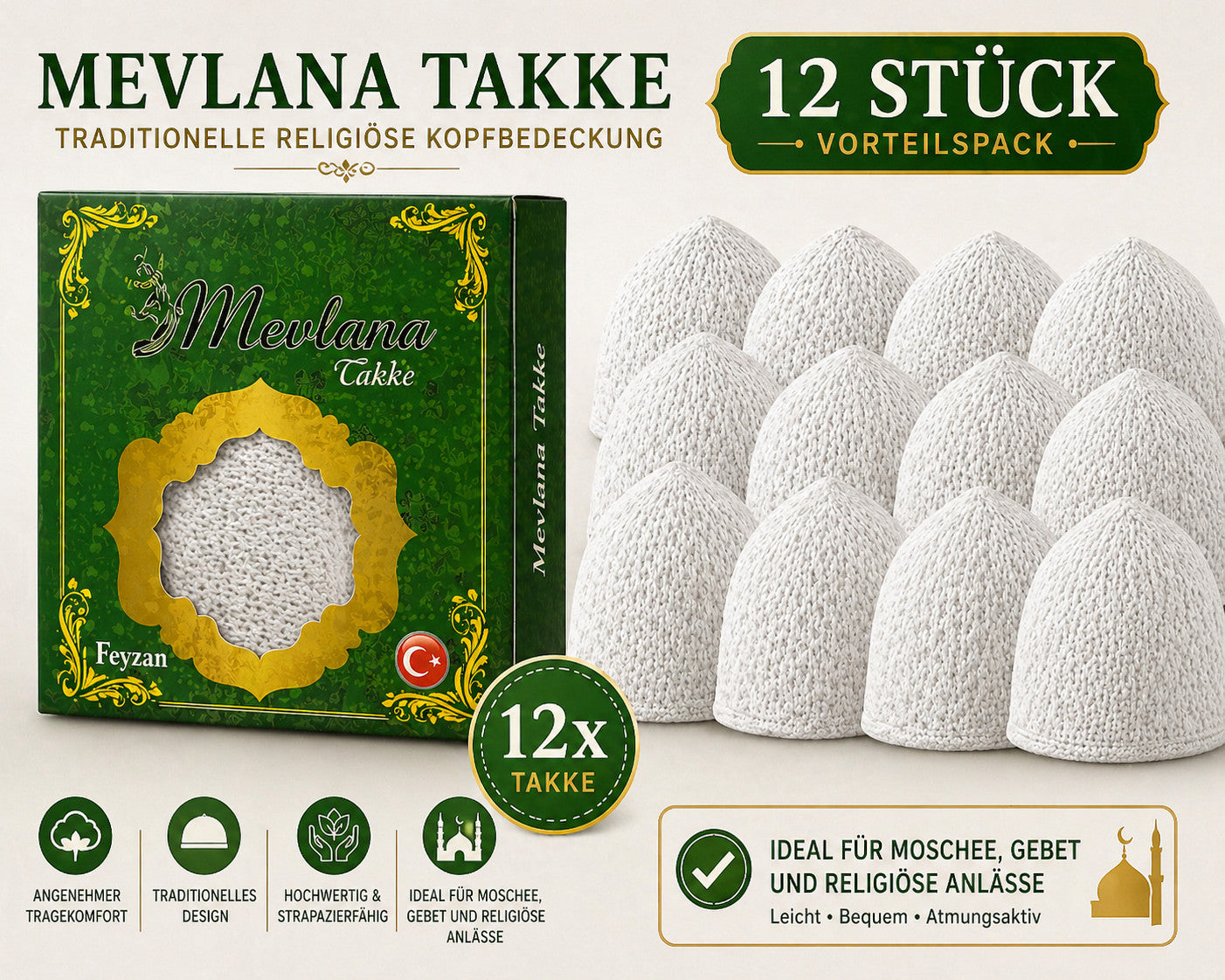 Mevlana Takke 12er Set Weiß Gebetsmütze Islam Kufi Herren Muslimische Bedeckung