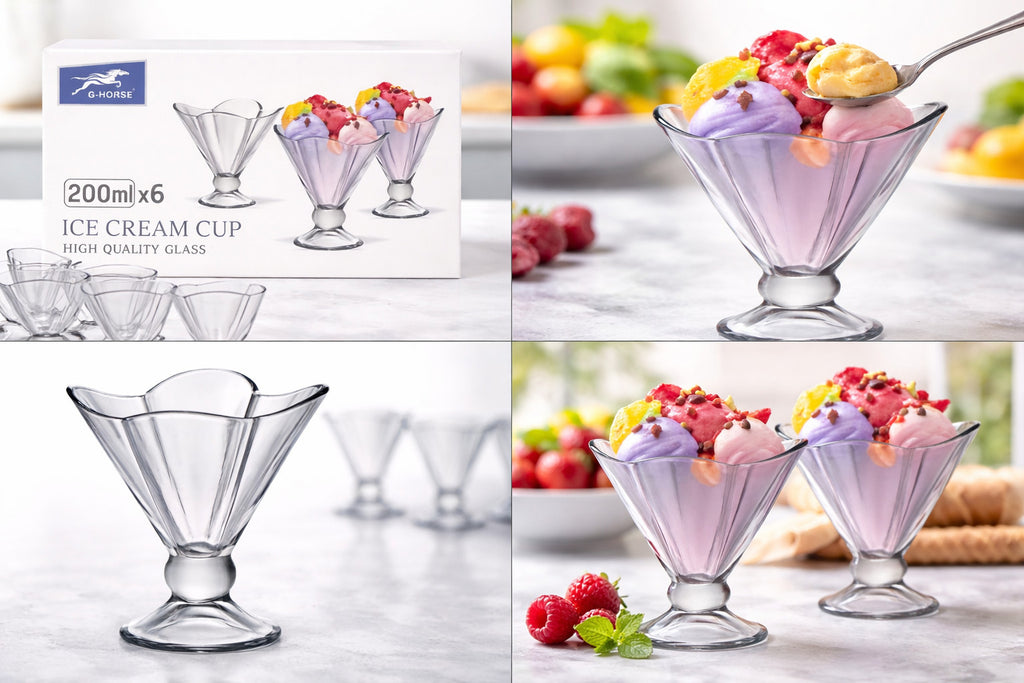 6er Set Eisbecher 200ml Glas Dessertschalen Eisgläser Becher stabil & elegant